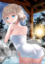 Rule 34 | 1girl, ass, bare arms, bare shoulders, blonde hair, blue eyes, blue sky, blush, breasts, cloud, cloudy sky, commentary request, from behind, hair between eyes, hair bun, indie virtual youtuber, leaning forward, looking at viewer, looking back, naked towel, night, onsen, outdoors, parted lips, sky, small breasts, solo, stone lantern, towel, uchuuneko, uchuuneko (vtuber), virtual youtuber, water, wet