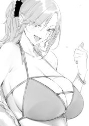 Rule 34 | 1girl, bikini, bracelet, breasts, character request, cleavage, copyright request, goshiki suzu, greyscale, highres, jewelry, large breasts, looking at viewer, monochrome, open mouth, pointing, ponytail, sharp teeth, simple background, standing, swimsuit, teeth, white background