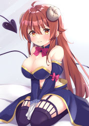 Rule 34 | 1girl, absurdres, ahoge, ao (flowerclasse), bare shoulders, bed sheet, between legs, black sleeves, black thighhighs, blush, bow, breasts, brown eyes, brown hair, cleavage, closed mouth, commentary request, curled horns, demon girl, demon horns, demon tail, detached sleeves, garter straps, hair between eyes, hand between legs, highres, horns, juliet sleeves, large breasts, long hair, long sleeves, looking at viewer, machikado mazoku, puffy sleeves, red bow, sitting, solo, tail, thighhighs, very long hair, wariza, yoshida yuuko (machikado mazoku)
