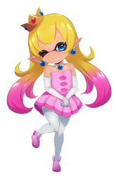 Rule 34 | + +, 1girl, absurdres, bare shoulders, blonde hair, blue eyes, born-to-die, callie (splatoon), crown, detached collar, domino mask, dress, earrings, elbow gloves, fang, female focus, flat chest, full body, fusion, gloves, gradient hair, heart, heart-shaped pupils, highres, jewelry, knees together feet apart, leg lift, long hair, looking at viewer, mario (series), mask, mini crown, mole, mole under eye, multicolored hair, nintendo, one eye closed, own hands together, pink footwear, pink hair, pointy ears, princess peach, shoes, short dress, smile, solo, splatoon (series), standing, standing on one leg, strapless, strapless dress, super mario bros. 1, symbol-shaped pupils, teeth, thighhighs, transparent background, white gloves, white thighhighs, wink