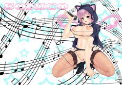 Rule 34 | animal ears, blush, bottomless, breasts, fishnet legwear, fishnets, hood, large breasts, microphone, navel, nipples, nitroplus, object insertion, pink hair, pussy, smile, squatting, super sonico, text focus, uncensored, vaginal, vaginal object insertion