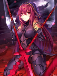 Rule 34 | 1girl, artist name, blush, bodysuit, breasts, circlet, cloud, column, dual wielding, fate/grand order, fate (series), gae bolg (fate), gendo0032, gendo0033, hair between eyes, holding, holding weapon, impossible bodysuit, impossible clothes, kneeling, light particles, long hair, looking at viewer, medium breasts, on ground, parted lips, pillar, purple bodysuit, purple hair, red eyes, scathach (fate), shoulder pads, skin tight, solo, veil, very long hair, weapon