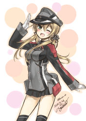 Rule 34 | 10s, 1girl, anchor hair ornament, bad id, bad pixiv id, blonde hair, blush, dated, gloves, hair ornament, hat, kantai collection, long hair, long sleeves, looking at viewer, microskirt, military, military uniform, open mouth, over-kneehighs, peaked cap, pleated skirt, prinz eugen (kancolle), signature, simple background, skirt, solo, thighhighs, twintails, twitter username, uniform, white gloves, yuihira asu, zettai ryouiki