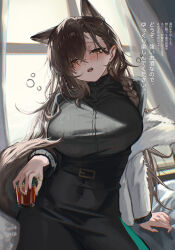 Rule 34 | 1girl, animal ears, arknights, belt, belt buckle, black belt, black skirt, black sweater, blush, braid, breasts, brown hair, brown tail, buckle, chromatic aberration, commentary request, cowboy shot, cup, drink, drinking glass, drunk, earrings, eyes visible through hair, fingernails, hair between eyes, hair over one eye, half-closed eyes, highres, holding, holding cup, holding drink, indoors, jewelry, large breasts, light particles, long hair, long sleeves, looking at viewer, mole above eye, mole on forehead, open mouth, penance (arknights), sitting, skirt, solo, squeans, sweater, tail, translation request, turtleneck, turtleneck sweater, watanab1019, window