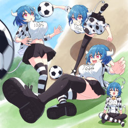 Rule 34 | 1girl, animal print, ball, bell, black skirt, black thighhighs, blue hair, bouncing breasts, breasts, cow girl, cow horns, cow print, cow tail, cowbell, fang, grin, highres, horns, jashin-chan dropkick, large breasts, miniskirt, minos (jashin-chan dropkick), multiple views, mumyou ishi, neck bell, open mouth, pleated skirt, red eyes, short hair, sitting, skirt, smile, soccer, soccer ball, striped clothes, striped thighhighs, tail, thighhighs