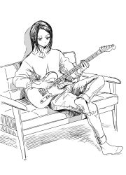Rule 34 | 1girl, closed mouth, couch, electric guitar, fender telecaster, greyscale, guitar, highres, holding, holding instrument, instrument, crossed legs, monochrome, music, nikaidou kou, no shoes, original, pants, playing instrument, plectrum, sitting, socks, solo, sweater