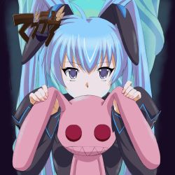 Rule 34 | 1girl, black jacket, blue eyes, blue hair, copyright name, covered mouth, highres, holding, holding stuffed toy, jacket, juliet sleeves, logo, long sleeves, looking at viewer, military, military uniform, muv-luv, muv-luv alternative, nail polish, nobuko gou, pink nails, portrait, puffy sleeves, solo, stuffed toy, twintails, uniform, yashiro kasumi