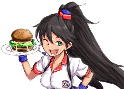 Rule 34 | 1girl, bad id, bad pixiv id, black hair, breasts, burger, clearite, fang, food, ganaha hibiki, green eyes, headset, idolmaster, idolmaster (classic), long hair, looking at viewer, one eye closed, open mouth, simple background, smile, solo, uniform, white background, wink