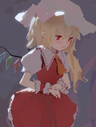 Rule 34 | 1girl, 3:, ascot, backlighting, blonde hair, blush, closed mouth, cowboy shot, flandre scarlet, frills, from side, grey background, hair between eyes, hands up, hat, highres, long hair, looking away, mob cap, nail polish, orange ascot, own hands together, petticoat, pointy ears, puffy short sleeves, puffy sleeves, red eyes, red skirt, red vest, reddizen, ribbon-trimmed collar, ribbon trim, short sleeves, side ponytail, skirt, skirt set, slit pupils, solo, touhou, vest, white hat, wing collar, wrist cuffs