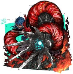 Rule 34 | blue hair, cape, fbc, fighting game, gloves, hair between eyes, jacket, k9999, krohnen, long sleeves, mechanical arms, open mouth, simple background, snk, solo, the king of fighters, the king of fighters xv