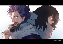 Rule 34 | 2boys, back-to-back, bags under eyes, black eyes, black hair, bloom, boku no hero academia, bright pupils, chromatic aberration, commentary request, eraser head (boku no hero academia), facial hair, film grain, from side, grey scarf, hair slicked back, hand on mask, hands up, head down, high collar, highres, jacket, letterboxed, long scarf, looking ahead, looking away, male focus, mask, mask around neck, medium hair, messy hair, mouth mask, multiple boys, nakamu 405, open mouth, parted lips, partial commentary, pixiv username, portrait, profile, purple eyes, purple hair, scar, scar on face, scarf, scarf grab, shinsou hitoshi, short hair, sidelighting, sideways mouth, simple background, smile, stubble, sweatdrop, track jacket, twitter username, u.a. gym uniform, white background, white pupils