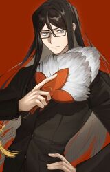 Rule 34 | 1boy, black hair, black jacket, buttons, closed mouth, fate (series), feather fan, glasses, grey eyes, hair between eyes, hand fan, hand on own hip, highres, holding, holding fan, jacket, long sleeves, looking at viewer, lord el-melloi ii, male focus, rectangular eyewear, solo, tokoni fusu, upper body, waver velvet
