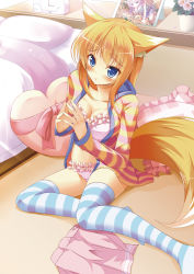 Rule 34 | 1girl, :t, animal ears, bed, bedroom, blonde hair, blue eyes, blush, bra, breasts, cleavage, clock, commentary request, flower, fox ears, fox tail, frilled bra, frilled panties, frilled pillow, frills, from above, heart, heart-shaped pillow, indoors, kasumi toshizou, long hair, looking at viewer, no pants, on floor, open clothes, open shirt, original, panties, photo (object), pillow, pink bra, pink panties, pink skirt, plant, potted plant, shirt, sidelocks, sitting, skirt, solo, steepled fingers, striped clothes, striped shirt, striped thighhighs, tail, takataka, thighhighs, underwear, unworn skirt, very long hair, yokozuwari
