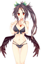 Rule 34 | 1girl, :o, bare legs, bikini, black bikini, black hair, black wings, blush, bow, breasts, cleavage, collarbone, eyebrows, front-tie bikini top, front-tie top, gluteal fold, green bow, groin, hair bow, highres, jewelry, long hair, looking at viewer, maturiuta sorato, medium breasts, multi-strapped bikini bottom, navel, o-ring, o-ring top, pendant, red eyes, reiuji utsuho, sidelocks, simple background, skinny, solo, standing, swimsuit, thigh gap, touhou, white background, wings
