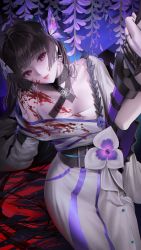Rule 34 | 1girl, absurdres, arm support, black hair, blood, butterfly hair ornament, detached collar, earrings, hair ornament, highres, japanese clothes, jewelry, kimono, long hair, looking at viewer, myabit, path to nowhere, red eyes, sarashi, sitting, solo, sumire (path to nowhere), sword, weapon
