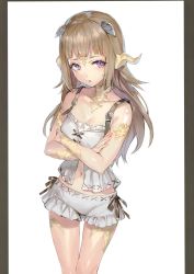 Rule 34 | 1girl, :o, absurdres, au ra, babydoll, bloomers, blush, breasts, brown hair, collarbone, cowboy shot, cross-laced clothes, crossed arms, dragon girl, dragon horns, final fantasy, final fantasy xiv, highres, horns, long hair, looking at viewer, medium breasts, momoko (momopoco), navel, parted lips, purple eyes, scales, scan, sidelocks, simple background, solo, standing, tail, thigh gap, thighs, underwear, warrior of light (ff14), white background