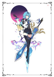 Rule 34 | 1girl, black hairband, black leotard, blue flower, blue hair, blue necktie, boots, breasts, cape, closed mouth, commentary, eula (genshin impact), flower, full body, genshin impact, gloves, greatsword, hair ornament, hairband, highres, holding, holding sword, holding weapon, ice, ideolo, leotard, long sleeves, looking at viewer, medium breasts, medium hair, multicolored eyes, necktie, petals, purple eyes, purple flower, red flower, rose, solo, sword, symbol-only commentary, thigh boots, thigh strap, thighhighs, thighs, vision (genshin impact), weapon, white background, yellow eyes