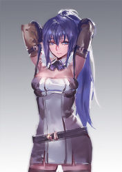 Rule 34 | 1girl, armpits, arms behind head, arms up, belt, black thighhighs, blue eyes, breast lift, breasts, brown gloves, cleavage, cowboy shot, dress, elbow gloves, female focus, gloves, grey dress, kishiyo, large breasts, long hair, looking at viewer, pixiv fantasia, pixiv fantasia t, ponytail, purple hair, rei no himo, revision, short dress, sleeveless, sleeveless dress, solo, thighhighs, very long hair, zettai ryouiki