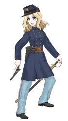 1girl american_civil_war blonde_hair blue_coat blue_eyes blue_hat blue_pants buttons coat colt_1851_navy double-breasted epaulettes ernest_(sieg1945) girls_und_panzer gold_buttons gun handgun hat highres holding holding_weapon holster kay_(girls_und_panzer) kepi military military_hat military_uniform pants piston red_sash revolver sash sword united_states_army weapon