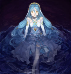 Rule 34 | 1girl, anklet, azura (fire emblem), blue bow, blue hair, bow, closed mouth, dress, eyelashes, fingerless gloves, fire emblem, gloves, hair between eyes, hair tubes, headdress, highres, jewelry, jurge, lips, long hair, necklace, nintendo, partially submerged, pendant, solo, water, yellow eyes