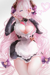 Rule 34 | 1girl, absurdres, alternate costume, apron, black dress, blue eyes, bow, breasts, cleavage, cleavage cutout, clothing cutout, draph, dress, enmaided, finger to mouth, granblue fantasy, hair bow, hair ornament, hair over one eye, heart, heart-shaped pupils, heart cutout, highres, holding, horns, huge filesize, large breasts, lielac, light purple hair, long hair, long sleeves, looking at viewer, maid, nail polish, narmaya (granblue fantasy), narmaya (valentine) (granblue fantasy), pointy ears, purple bow, simple background, sleeves past wrists, solo, symbol-only commentary, symbol-shaped pupils, thighs, whisk, white background