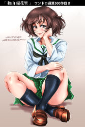 Rule 34 | 1girl, absurdres, akiyama yukari, black neckerchief, black socks, blouse, brown background, brown eyes, brown footwear, brown hair, character name, closed mouth, commentary, dated, eyelashes, full body, girls und panzer, gradient hair, green skirt, hand on own knee, head rest, highres, indian style, legs, loafers, long sleeves, looking at viewer, messy hair, miniskirt, multicolored hair, neckerchief, one-hour drawing challenge, ooarai school uniform, pleated skirt, school uniform, serafuku, shadow, shirt, shoes, short hair, sitting, skirt, sleeves rolled up, smile, socks, solo, tomokoji, translated, twitter username, white shirt