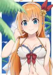 Rule 34 | 1girl, absurdres, adjusting hair, ahoge, bare arms, blonde hair, blue eyes, blurry, blurry foreground, bow, bowtie, breasts, cleavage, closed mouth, collarbone, flower, hair bow, hair flower, hair ornament, hairband, halterneck, highres, k-ya., long hair, looking at viewer, medium breasts, navel, palm tree, pecorine (princess connect!), princess connect!, red bow, red bowtie, smile, solo, summer, tree, upper body, very long hair, white hairband, yellow flower