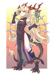 Rule 34 | 1girl, alternate costume, artist name, black dress, black gloves, blonde hair, blue eyes, breasts, china dress, chinese clothes, cleavage, dragon horns, dragon tail, dress, ex-mist, eyepatch, eyeshadow, fake nails, fake tail, fingerless gloves, full body, gloves, goddess of victory: nikke, guillotine (nikke), highres, horns, long hair, makeup, pelvic curtain, red eyeshadow, simple background, small breasts, solo, tail, wavy hair