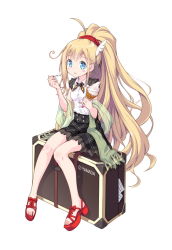 Rule 34 | 1girl, ahoge, alternate hairstyle, blonde hair, blue eyes, blush stickers, box, breasts, casual, fortissimo, hair ornament, instrument case, long hair, looking at viewer, musical note, musical note hair ornament, official style, ponytail, scarf, sitting, small breasts, solo, sonata, venus eleven vivid!, very long hair, white background