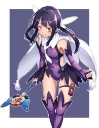 Rule 34 | 1girl, :o, bare shoulders, black hair, blush, border, breasts, brown eyes, cape, cowboy shot, detached sleeves, fate/kaleid liner prisma illya, fate (series), floating hair, hair ornament, holding, holding wand, holster, kaleidostick, leaning forward, leotard, long hair, long sleeves, looking at viewer, low twintails, magical girl, magical sapphire, mendou saya, miyu edelfelt, outside border, purple leotard, purple sleeves, purple thighhighs, solo, standing, thigh holster, thigh strap, thighhighs, twintails, wand, white border, white cape, x hair ornament