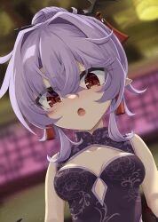 1girl :o akisome_hatsuka alternate_costume bare_shoulders blurry blurry_background blush breasts china_dress chinese_clothes cleavage commentary_request dress hair_between_eyes hair_bun hair_intakes hair_ornament hairpin looking_at_viewer open_mouth pointy_ears purple_dress purple_hair red_eyes remilia_scarlet short_hair_with_long_locks small_breasts solo touhou upper_body