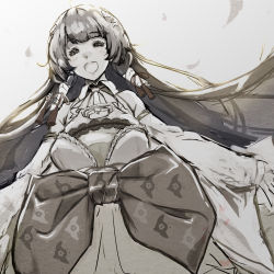Rule 34 | 1girl, = =, breasts, closed eyes, detached sleeves, furisode, grey background, hair ornament, hair ribbon, hair tubes, highres, japanese clothes, kantai collection, kimono, long hair, long sleeves, mizuho (kancolle), nona (goodboy), obi, open mouth, ribbon, sash, simple background, solo, tress ribbon, upper body