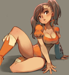 Rule 34 | 1girl, bare legs, blush, boots, breasts, brown eyes, brown hair, cleavage, clip studio paint, commentary, diane (nanatsu no taizai), english commentary, eyebrows hidden by hair, gloves, grey background, large breasts, leotard, long hair, nanatsu no taizai, orange footwear, orange leotard, parted lips, puffy short sleeves, puffy sleeves, shadow, short sleeves, single glove, sitting, solo, swept bangs, twintails, xaxaxa