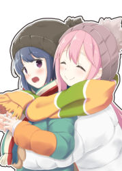 Rule 34 | 2girls, :d, ^ ^, beanie, blue hair, blush, closed eyes, closed mouth, coat, from side, hat, head tilt, highres, hug, hug from behind, kagamihara nadeshiko, kanchan (kanchan220), long sleeves, looking at viewer, multicolored coat, multiple girls, open mouth, outline, pink hair, purple eyes, scarf, shared clothes, shared scarf, shima rin, smile, striped clothes, striped scarf, white background, white coat, yurucamp