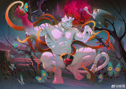 Rule 34 | 1boy, abs, absurdres, bara, beard, convenient censoring, cup, demon boy, demon horns, drinking glass, facial hair, floating, floating object, frde, full beard, gradient fur, highres, holding behind neck, horns, large pectorals, male focus, monster boy, muscular, muscular male, navel, navel hair, nipples, original, pectorals, short hair, smug, solo, squatting, stomach, sunburst, tentacles, thick beard, thick eyebrows, thick thighs, thighs, topless male, white fur, wine glass