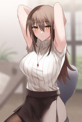 Rule 34 | 1girl, armpits, arms up, blurry, blurry background, blush, breasts, brown hair, brown pantyhose, brown skirt, closed mouth, commentary request, hair between eyes, highres, jewelry, kinona, large breasts, long hair, looking at viewer, necklace, original, pantyhose, shirt, shirt tucked in, sitting, skirt, solo, white shirt, yellow eyes