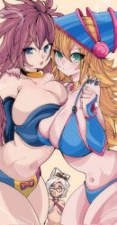 Rule 34 | 3girls, android 21, bare shoulders, bikini, black nails, blonde hair, blue bikini, blue eyes, breasts, brown hair, cleavage, closed mouth, crossover, curvy, dark magician girl, dragon ball, dragon ball fighterz, duel monster, earrings, elbow gloves, glasses, gloves, green eyes, hair ornament, hand on another&#039;s shoulder, hat, highres, huge breasts, jewelry, kinakomochi (user vedc2333), long hair, looking at viewer, medium breasts, multicolored bikini, multicolored clothes, multiple girls, nail polish, navel, nintendo, open mouth, pink nails, purah, smile, stomach, swimsuit, the legend of zelda, the legend of zelda: tears of the kingdom, white background, white hair, yu-gi-oh!, yu-gi-oh! duel monsters