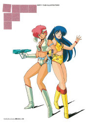 Rule 34 | 1980s (style), 1990s (style), absurdres, armlet, blue eyes, blue hair, boots, bracelet, dark-skinned female, dark skin, dirty pair, earrings, gloves, gun, handgun, headband, highres, holding, holding gun, holding weapon, holster, jewelry, kei (dirty pair), knee boots, locked arms, long hair, midriff, navel, official art, oldschool, one eye closed, open mouth, red eyes, red hair, retro artstyle, scan, short hair, simple background, single glove, thighhighs, weapon, white background, yuri (dirty pair)
