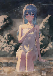 Rule 34 | 1girl, aqua hair, blue eyes, blue hair, blush, breasts, collarbone, colored inner hair, covered navel, hair between eyes, highres, hololive, hoshimachi suisei, kinoko (shikimylove), long hair, looking at viewer, multicolored hair, naked towel, night, night sky, onsen, sky, small breasts, solo, star (sky), star (symbol), star in eye, symbol in eye, towel, virtual youtuber