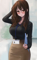 Rule 34 | 1girl, absurdres, arm behind head, arm up, black-framed eyewear, black sweater, blurry, blurry background, blush, breasts, brown eyes, brown hair, brown skirt, glasses, hand up, highres, holding, holding paper, indoors, lanyard, large breasts, long hair, long sleeves, looking at viewer, office lady, original, paper, parted lips, pencil skirt, ribbed sweater, round eyewear, skirt, solo, standing, sweater, yukimaru ai