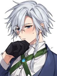 Rule 34 | 1boy, arm up, black gloves, blue eyes, blue jacket, blue vest, blush, braid, commentary request, enoki 3106, genderswap, genderswap (ftm), gloves, green ribbon, half gloves, hand to own mouth, izayoi sakuya, jacket, long sleeves, looking at viewer, male focus, monocle, neck ribbon, ribbon, shirt, signature, simple background, single braid, solo, sweatdrop, touhou, upper body, vest, white background, white shirt
