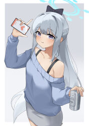 Rule 34 | 1girl, bcag., blue archive, blue halo, blue sweater, can, cellphone, closed mouth, cowboy shot, grey hair, grey skirt, halo, highres, holding, holding can, holding phone, long hair, long sleeves, looking at viewer, miyako (blue archive), off-shoulder sweater, off shoulder, phone, ponytail, purple eyes, signature, skirt, smartphone, smile, solo, sweater, tongue, tongue out