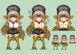 Rule 34 | 1girl, ?, bird legs, bird tail, black skirt, black souls, blush, bonnet, breasts, breasts out, brown feathers, brown hair, brown wings, commentary request, dodo (black souls), feathered wings, feathers, frilled skirt, frills, green background, harpy, keykey117117, large breasts, long hair, looking at viewer, monster girl, pixel art, red eyes, skirt, smile, tail, talons, winged arms, wings