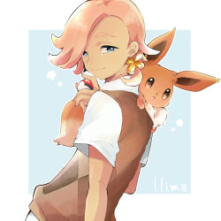 Rule 34 | 1boy, blue eyes, brown vest, character name, closed mouth, commentary request, creatures (company), eevee, game freak, gen 1 pokemon, ilima (pokemon), looking at viewer, male focus, misha (ohds101), nintendo, pink hair, pokemon, pokemon (creature), pokemon sm, shirt, short hair, short sleeves, smile, upper body, vest, white shirt