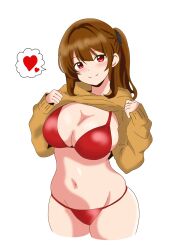 Rule 34 | 1girl, bikini, breasts, brown hair, brown sweater, cleavage, clothes lift, cropped legs, groin, heart, highres, kinako mochi (pixiv100419090), large breasts, lifted by self, long hair, navel, one side up, original, presenting, red bikini, red eyes, simple background, smile, solo, spoken heart, sweater, sweater lift, swimsuit, twintails, white background