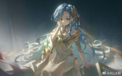 Rule 34 | 1girl, 37 (reverse:1999), adjusting hair, allk (pixiv 31494296), ancient greek clothes, arm support, armlet, blue hair, closed mouth, cowboy shot, dark background, gold choker, greco-roman clothes, hand in own hair, highres, laurel crown, long hair, looking at viewer, reverse:1999, sidelighting, single sleeve, single wide sleeve, sitting, solo, swept bangs, toga, very long hair, weibo logo, weibo watermark