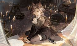 Rule 34 | 1girl, absurdres, animal ears, arknights, ascot, black coat, black footwear, black nails, book, book stack, brown hair, candle, cardigan, closed mouth, coat, collared shirt, curtains, extra ears, fire, fire, highres, jacket, jiojio, looking at viewer, medium hair, mole above eye, nail polish, open book, open clothes, open coat, penance (arknights), shirt, sitting, solo, stairs, thighhighs, wariza, white ascot, white shirt, wolf ears, wolf girl, yellow eyes