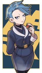Rule 34 | 1girl, arm behind back, belt, belt buckle, black belt, black pantyhose, black shirt, blue eyes, blue hair, border, bright pupils, buckle, closed mouth, commentary request, creatures (company), cyllene (pokemon), frown, fu (tk1189227dhy), game freak, grey jacket, grey skirt, hand up, highres, holding, holding poke ball, jacket, looking at viewer, nintendo, outline, pantyhose, poke ball, poke ball (legends), pokemon, pokemon legends: arceus, shirt, short hair, skirt, solo, white border, white pupils