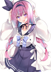 Rule 34 | 1girl, :d, absurdres, anchor symbol, arms up, black hairband, black ribbon, black sailor collar, black skirt, blue bow, blue hair, blush, bow, braid, breasts, commentary request, frilled sailor collar, frills, hair between eyes, hair ribbon, hairband, heart, highres, hololive, jacket, long sleeves, looking at viewer, medium breasts, minato aqua, minato aqua (sailor), multicolored hair, nenobi (nenorium), open clothes, open jacket, open mouth, pink hair, pleated skirt, puffy long sleeves, puffy sleeves, purple eyes, ribbon, sailor collar, shirt, simple background, skirt, smile, solo, streaked hair, twin braids, twintails, virtual youtuber, white background, white jacket, white shirt