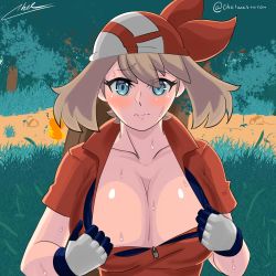 Rule 34 | 1girl, absurdres, bandana, blue eyes, blush, breasts, brown hair, chelwastaken, cleavage, collarbone, collared shirt, creatures (company), eyelashes, forest, game freak, gloves, highres, large breasts, may (pokemon), nature, nintendo, open collar, outdoors, pokemon, pokemon rse, red uniform, shirt, signature, sportswear, sweat, undressing, unzipping
